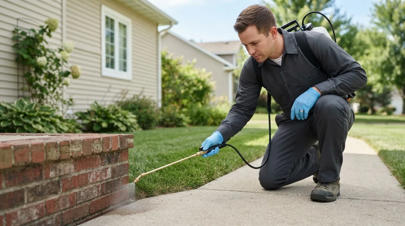 Pest control technician treating a home near Blooming Grove, TX