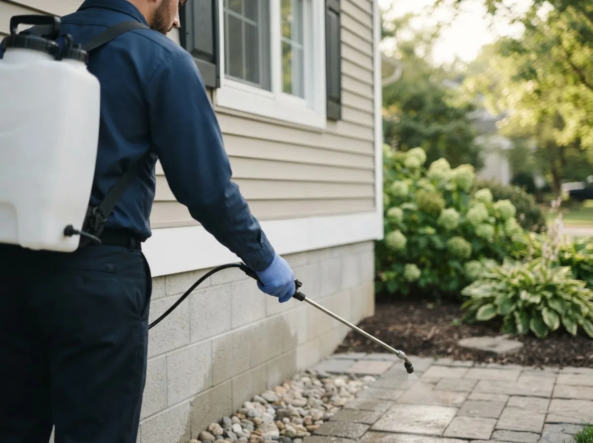 Pest control technician inspecting a home in Blooming Grove, TX